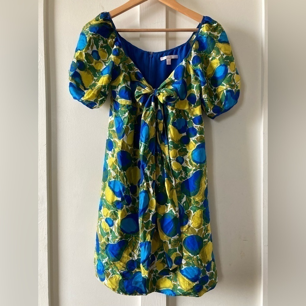 Rebecca taylor 100% silk bright pear fruit print midi dress tie front